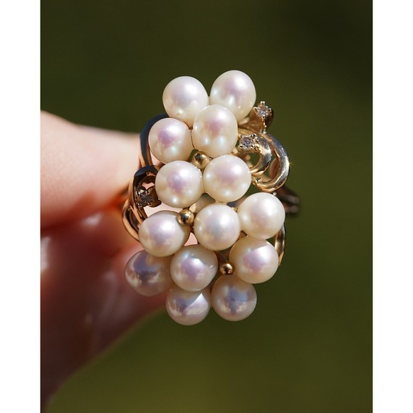 Vintage 14k Solid Yellow Gold Real Pearl & Natural Diamond Ring - Luster Cluster - Picture 6 of 12